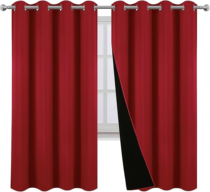 LEMOMO 100% Blackout Curtains 52 x 63 Inch Red Curtains 2 Panels Darkening Thermal Insulated Bedroom Curtains