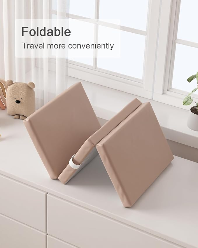 YACODAVO Foldable Baby Changing Pad with Vegan Leather Cover, Standard Side Waterproof & Wipeable Changing Pad for Toddler, Flat Foam Travel Diaper Changing Pad for Dresser and Table, Light Brown