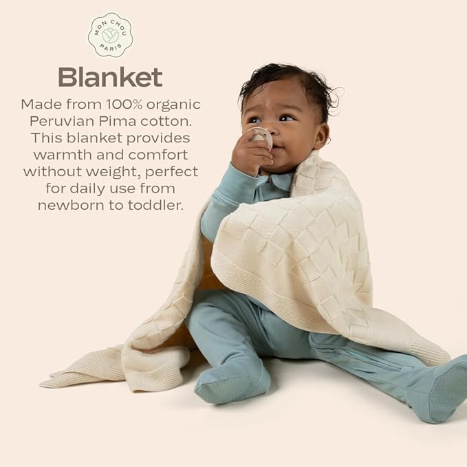 MON CHOU 100% Organic Baby Blanket – Pima Cotton Soft Knit, 30”x37” Breathable Crib & Stroller Throw (Ivory)