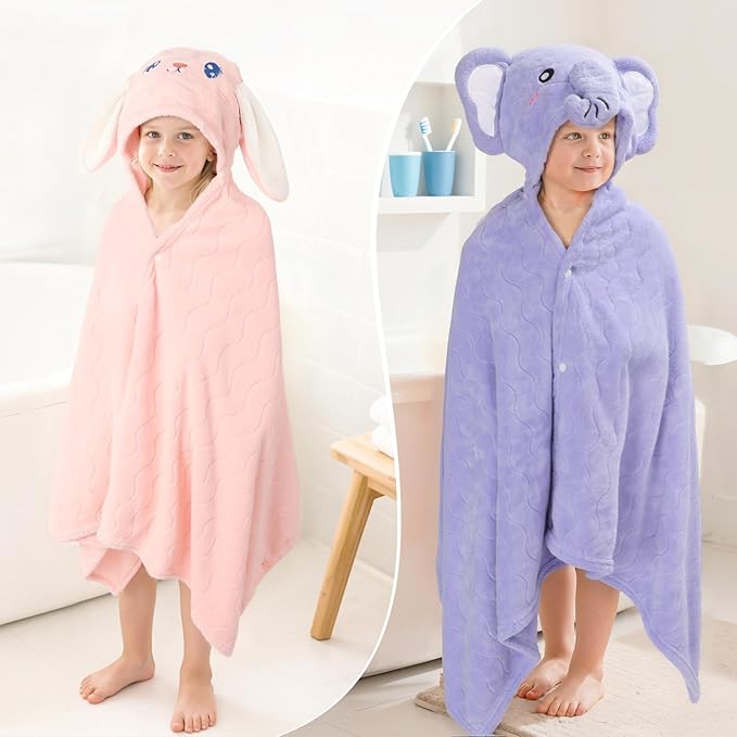 6 PCS Toddler Bath Towel Set for Boy Girl 0-5 Year, 2 PCS Thick Absorbent Hooded Baby Bath Towels Large 55" x 27.5" & 4 PCS Washcloths, Ultra Soft Gift for Infant, Toddler, Kids, Rabbit & Elephant