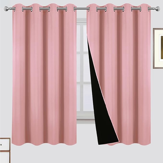 LEMOMO Blackout Curtains 52 x 63 Inch Pink Curtains 2 Panels Darkening Thermal Insulated Bedroom Curtains