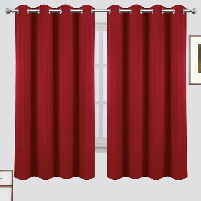 LEMOMO 100% Blackout Curtains 52 x 63 Inch Red Curtains 2 Panels Darkening Thermal Insulated Bedroom Curtains