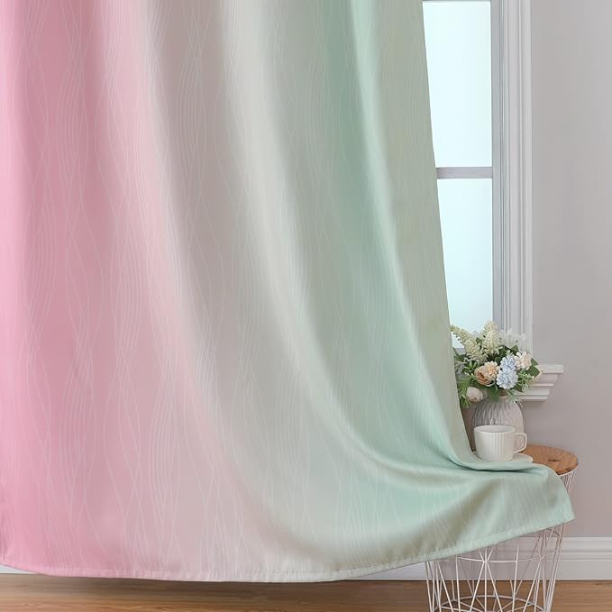 Estelar Textiler Pink and Sage Green Ombre Blackout Curtains 45 Inch Length 2 Panels, Full Room Darkening Gradient Drapes for Kitchen, Thermal Insulated Grommet Short Curtains for Bathroom, 42Wx45L