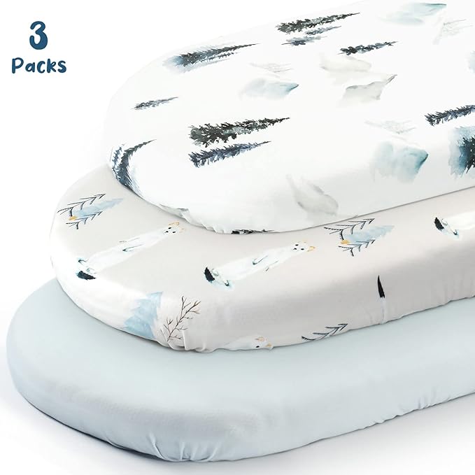 GRSSDER Stretchy Ultra Soft Fitted Bassinet Sheet Set 3 Pack, Universal Fit for Bassinets Baby Cradle Moses Basket Oval Rectangle Mattress Snug and Safe, Cute Wild Forest Mongooses for Baby