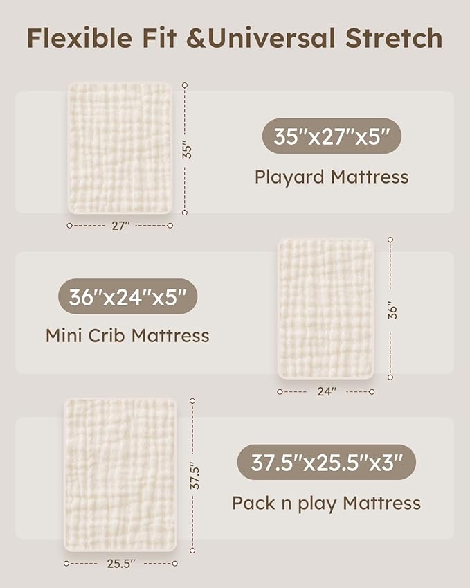 Muslin Pack and Play Sheets Fitted, 100% Cotton Mini Crib Sheets 2 Pack for Pack N Play Mattress, Stretchy Playard Sheet, Soft and Breathable Beige & Khaki