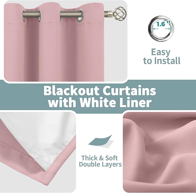 BGment Short Blackout Curtains for Bedroom 45 Inch Length, Full Room Darkening Thermal Insulated Soundproof Grommet Girls Kids Curtains for Nursery, Each Window Curtains 42 Inch Wide, Baby Pink