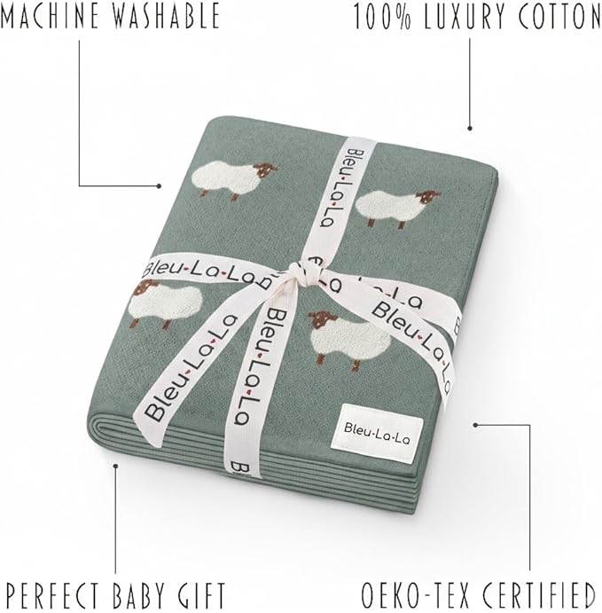 Knit Baby Swaddle Blanket - 100% Cotton Soft Cozy Receiving Swaddle Stroller Blanket for Shower Gift Registry for Newborns, Infants, Toddlers (Sheep - Pasture Green)