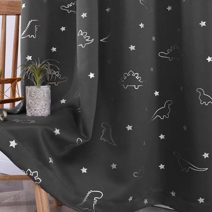 LORDTEX Dinosaur and Star Foil Print Blackout Curtains for Kids Room - Thermal Insulated Curtains Noise Reducing Window Drapes for Boys and Girls Bedroom, 52 x 84 Inch, Grey, Set of 2 Panels