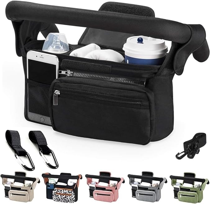 Baby Stroller Organizer, Universal Stroller Organizer with Detachable Phone Bag, Stroller Caddy with 2 Insulated Cup Holders, Buggy Organizer Bag with 2 Hooks Fits Most Strollers (Balck)