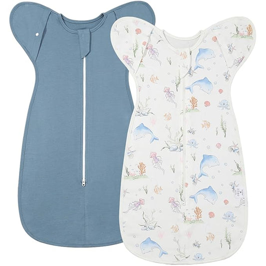 2-Pack Arms Up Swaddle 0-3 Months - Newborn Swaddle Sack for Baby Boys Girls, Baby Transitional Swaddles for Newborn, Cuff Removable & 2-Way Zipper, Blue Dolphin Breathable Sleep Sacks