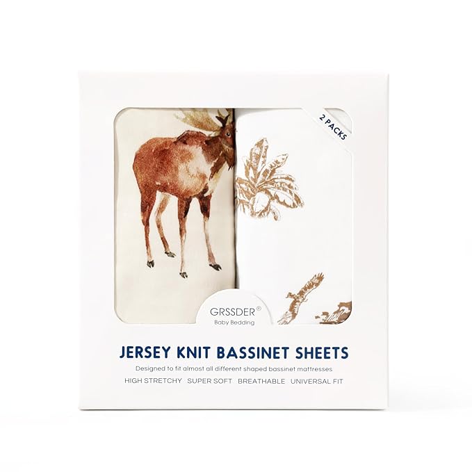 GRSSDER Ultra Soft Bassinet Sheets 2 Pack, Stretchy Breathable Knit Bassinet Mattress Sheets for Baby, Universal Fitted Baby Cradle Moses Basket Oval Rectangle Mattresses Safe and Snug, Animals Print