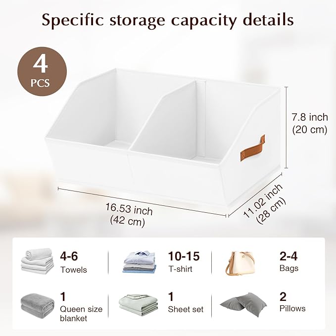 Closet Organizers and Storage Bins - 4 Pack Collapsible Divided Trapezoidal Cube Storage Bins Baskets with Orange Handle for Organizing Clothes Blankets, Toys, Books, Towels(White)