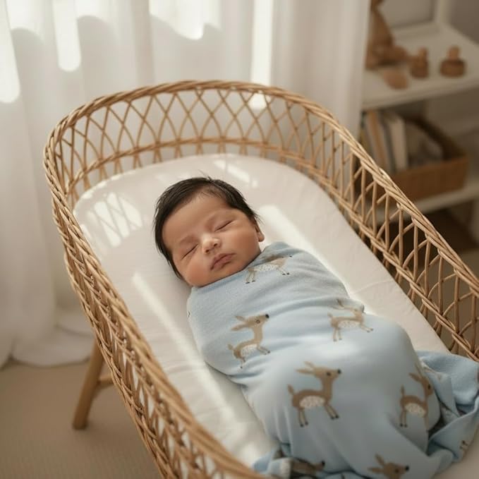 Knit Baby Swaddle Blanket - 100% Cotton Soft Cozy Receiving Swaddle Stroller Blanket for Shower Gift Registry for Newborns, Infants, Toddlers (Deer - Blue)