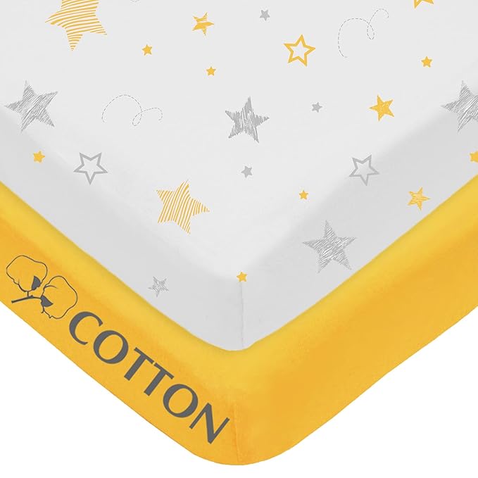 American Baby Company 2 Pack 100% Natural Cotton Fitted Mini Crib Sheets 38" x 24" - Soft & Breathable Small Nesting Portable Sheets, Fits Pack N Play Mattresses, Yellow Star/Yellow, for Boys & Girls