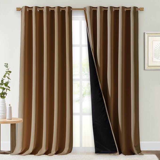 NICETOWN Full Shading Curtains for Windows, Gold Brown, Pack of 2, 70 inches W x 95 inches L, Super Heavy-Duty Black Lined Blackout Curtains for Bedroom, Privacy Assured Window Treatment
