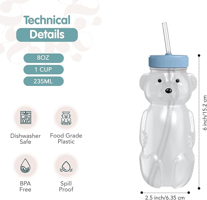 The 730 Project Honey Bear Straw Cup for Babies, 8-oz Honey Bear Cup with Lid, 3-Pack Therapy Learning Honeybear Straw, Baby Bottle Set, Blueberry Pie BLUE