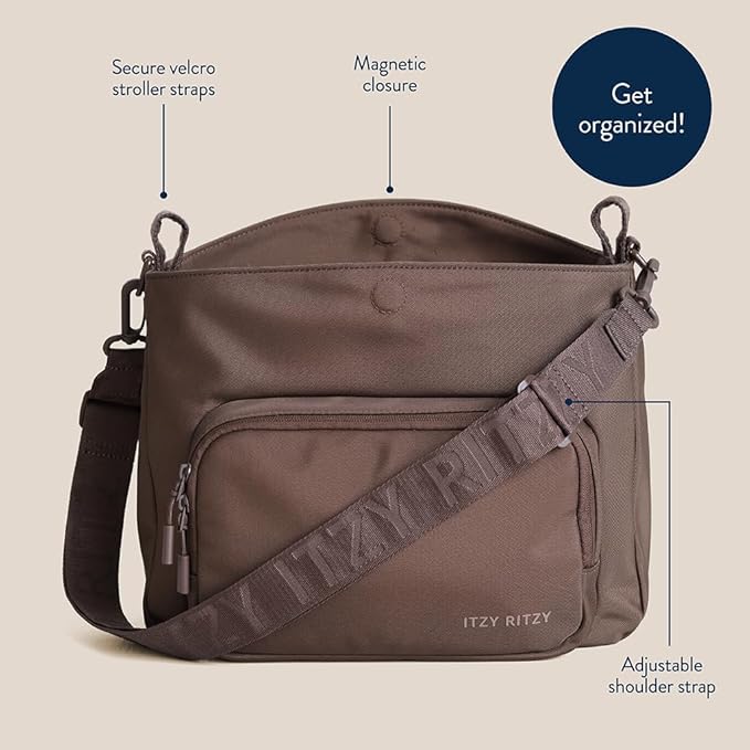 Itzy Ritzy Belong Cargo Caddy for Strollers & Wagons – Convertible Stroller Organizer and Crossbody Bag With Adjustable & Removable Strap, Bottle Holders, Smart Storage Pockets & Secure Straps (Mocha)
