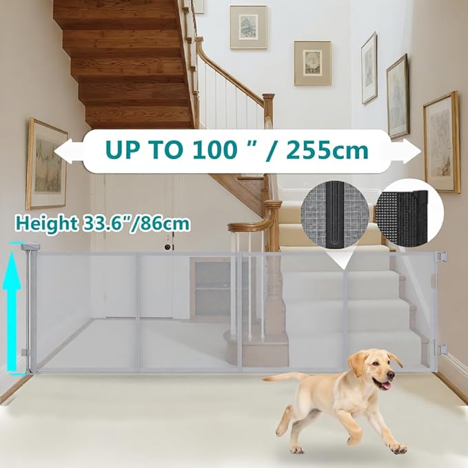 Retractable Baby Gate,Mesh Baby Gate or Mesh Dog Gate,34" Tall,Extends up to 100" Wide,Child Safety Gate for Doorways, Stairs, Hallways, Indoor or Outdoor (Gray, 100''Wide 34''Tall)