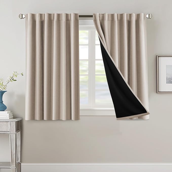 H.VERSAILTEX 100% Blackout Curtains for Bedroom with Black Liner Full Room Darkening Curtains 45 Inch Long Thermal Insulated Back Tab/Rod Pocket Window Drapes for Living Room, 2 Panels, Natural