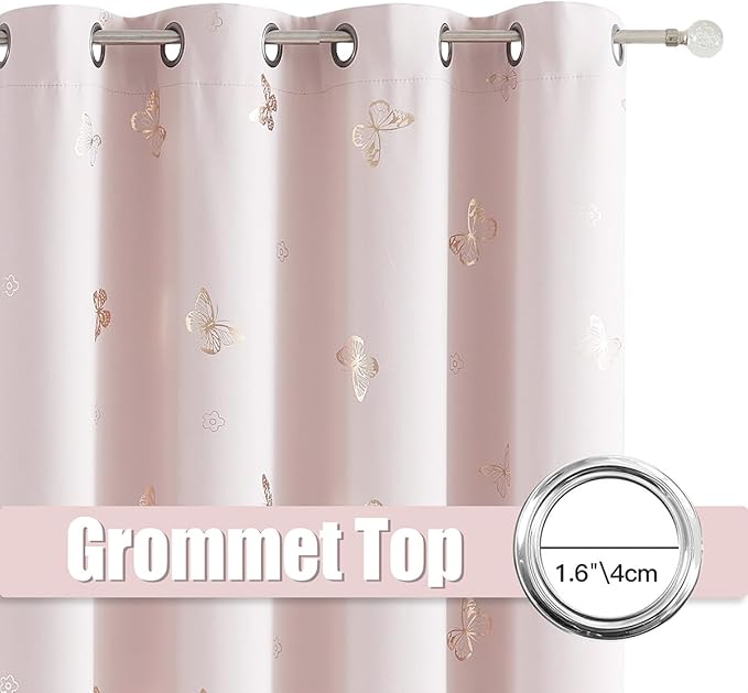 Jubilantex Pink and Gold Butterfly Blackout Curtains 95" Length for Baby Girls Nursery Bedroom 80% Blackout Grommet Window Treatment,1 Pair Lavender Pink/Baby Pink