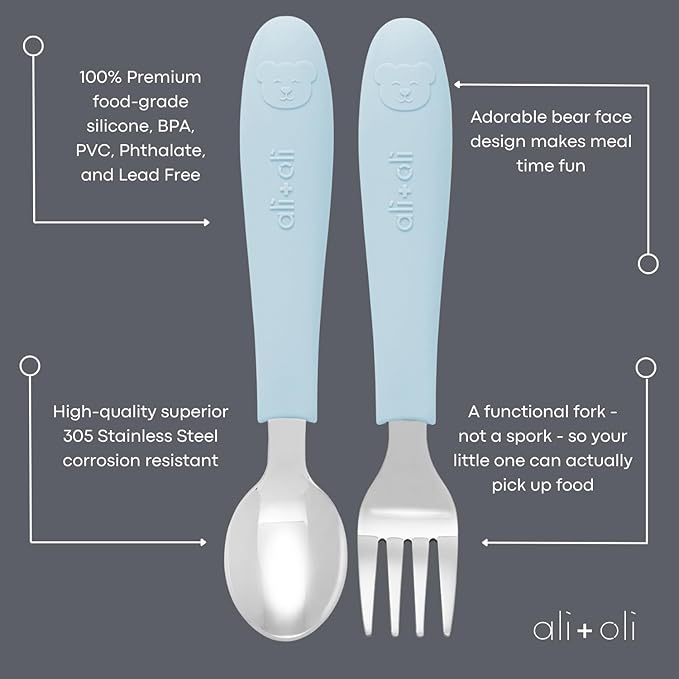 Ali+Oli Toddler Utensils Set (6 Pack) – Stainless Steel Kids Silverware with Soft Silicone Handles, BPA Free Baby Forks and Spoons, Durable Children Flatware Dishwasher Safe for Self Feeding (Bears)