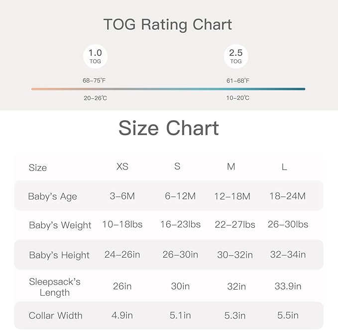 usbettas 1.0 Tog 2.5 Tog Baby Sleep Sack, 100% Cotton Baby Sleeping Bag 3-24M, 2-Way Zipper Baby Wearable Blanket