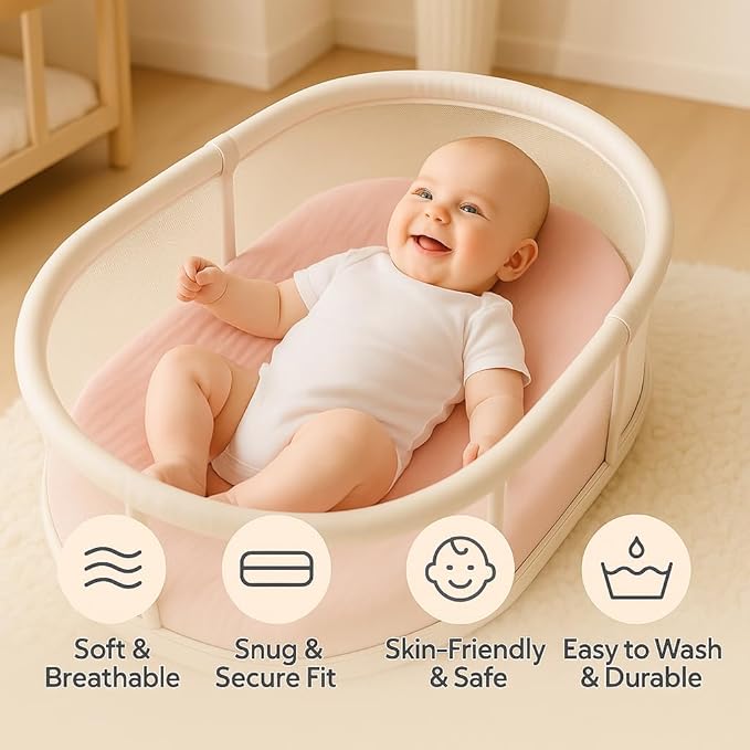 Muslin Bassinet Sheets Set of 2 Pink & Green Bassinet Cover Large Size 33x17 Inches, Soft Breathable Bassinet Mattress Cover, Stay Secure Fit, Gentle on Sensitive Skin, Cute & Vibrant Look
