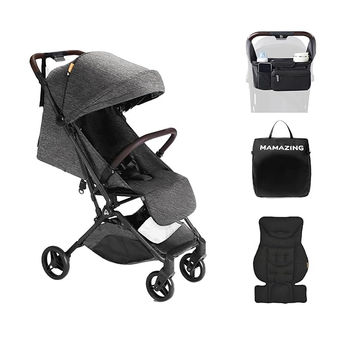 MAMAZING Lightweight Baby Travel Stroller with Carbon Fiber Frame, Compact & Airplane-Friendly, One-Handed Folding Design, 11.6 lbs, Perfect for Toddlers, Organizer & Cushion Included, Black
