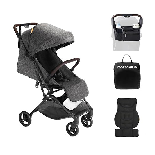 MAMAZING Lightweight Baby Travel Stroller with Carbon Fiber Frame, Compact & Airplane-Friendly, One-Handed Folding Design, 11.6 lbs, Perfect for Toddlers, Organizer & Cushion Included, Black