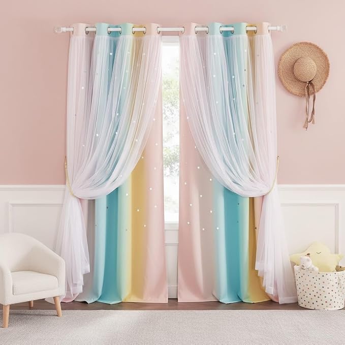NICETOWN Kids Room Decor Curtains for Girls Nursery, Star Cut Princess Room Design Curtains with Versatile Styling Options for Backdrops (Pink & Yellow & Green & Pink, Each is W52 x L84, Sold by 2)