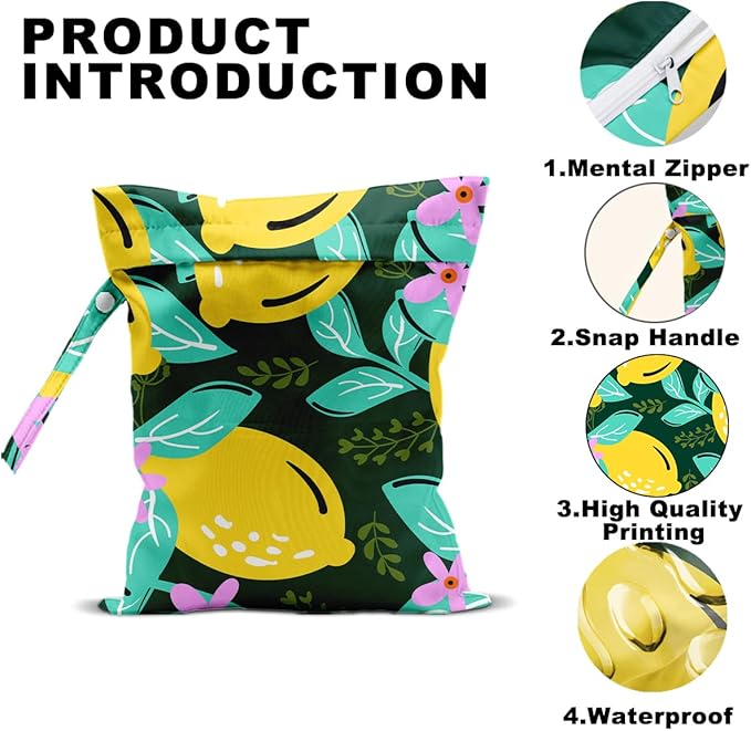 2Pcs Summer Lemon Wet Bag 12x10 Inch, Rustic Lemon Waterproof Travel Laundry Bags, Washable Reusable Wet Dry Bag for Swimsuit Beach Diapers Dirty Yoga Gym Clothes, Plant Gifts for Women Friend