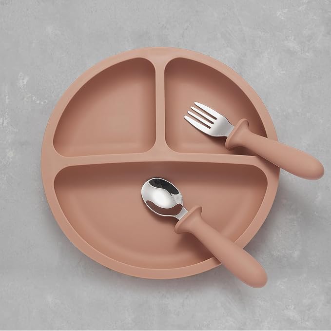 Eascrozn Silicone Baby Feeding Set, 2 Pack Divided Suction Plates for Baby, 2 Pack Spoons and Forks Set Baby Eating Essentials, Feeding Supplies for Toddler Utensils, BPA Free