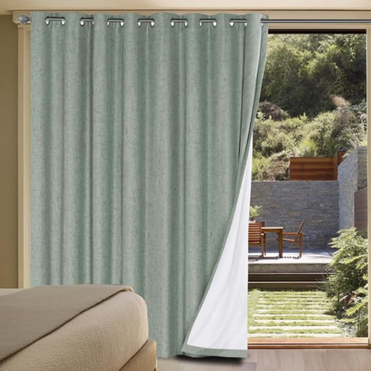H.VERSAILTEX Linen Blackout Curtains Durable Thick Textured Linen Look 100% Blackout Patio Door Curtain Anti Rust Grommet Extra Wide Sliding Door Curtain Panel, W100 x L84 inch, Green Bay