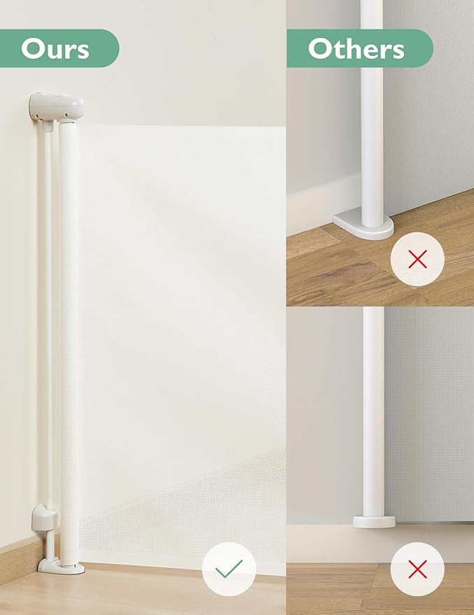 Momcozy Auto-Locking Retractable Mesh Baby Gate or Dog Gate, Child Safety Gate for Indoor or Outdoor, 33-inches Tall with up to 55-inches Wide Extension, Avoid Skirting Installation, White