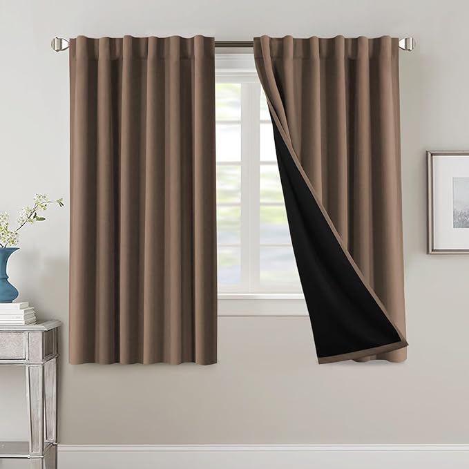 H.VERSAILTEX 100% Blackout Curtains for Bedroom with Black Liner Full Room Darkening Curtain 63 Inch Long Thermal Insulated Back Tab/Rod Pocket Window Drapes for Living Room, 2 Panels, Macchiato