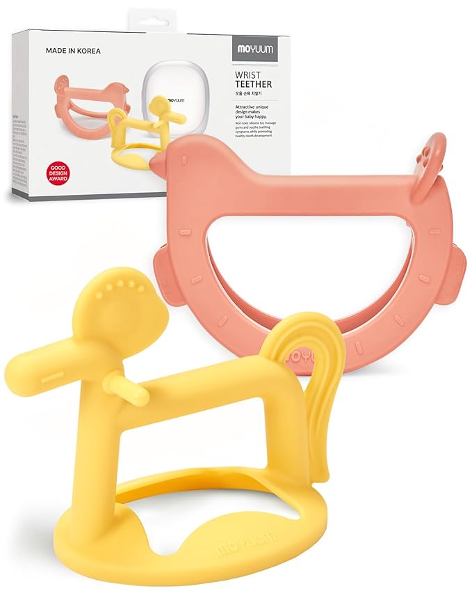 MOYUUM Wrist Teether Gift Set 100% Silicone, Wearable Type Baby Chew Toy Baby Gift for Newborn, Roly Poly Toy, Silicone Teething Toys for Infant and Toddler, Bracelet Type (Bird Orange, Pony Yellow)