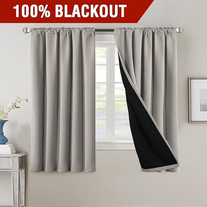 H.VERSAILTEX 100% Blackout Curtains for Bedroom with Black Liner Full Room Darkening Curtains 63 Inches Long Thermal Insulated Back Tab/Rod Pocket Window Drapes for Living Room, 2 Panels, Warm Taupe