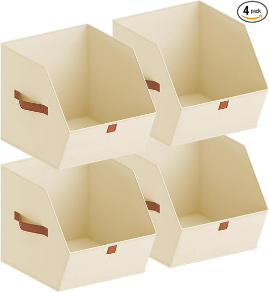 Fabric Closet Storage Cubes - 4 Pack Square Storage Bins with Dual Handles for Clothes, Towels, Toys, Cube Storage Organizers for Bedroom, Nursery, Shelves, Closet, Small Spaces, Beige