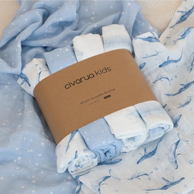 Muslin Swaddle Blankets for Newborn, 4 Pack Cotton Baby Blankets for Boys, Large 31.5 x 43.3 Breathable Soft Receiving Blanket, Essentials Swaddle Wrap Burping Clothes, Blue Whale