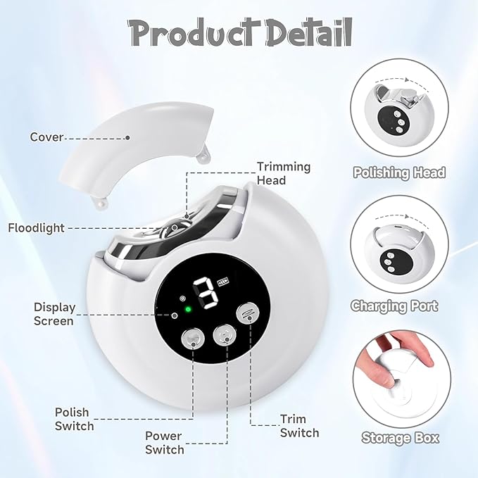 3-in-1 Automatic Electric Nail Clipper with LED Light & Nail File, 3 Speeds LCD Digital Display, Nail Clip Storage, USB Rechargeable Safety Fingernail Trimmer for Baby, Kids, Seniors