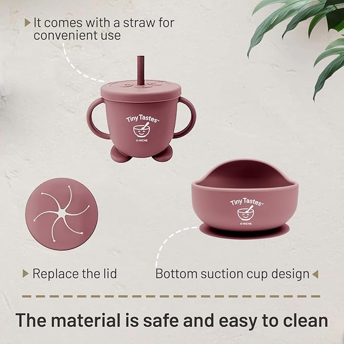 Tiny Tastes 10-Piece Silicone Baby Feeding Set – BPA-Free, Spill-Proof Suction Plate, Bowl, Bib, Snack Cup & Utensils | Dishwasher Safe, Baby Gift Ready (Dark Pink)