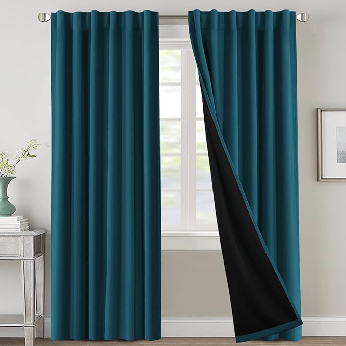 H.VERSAILTEX 100% Blackout Curtains for Bedroom with Black Liner Full Room Darkening Curtains 84 Inches Long Thermal Insulated Back Tab/Rod Pocket Window Drapes for Living Room, 2 Panels, Dark Teal