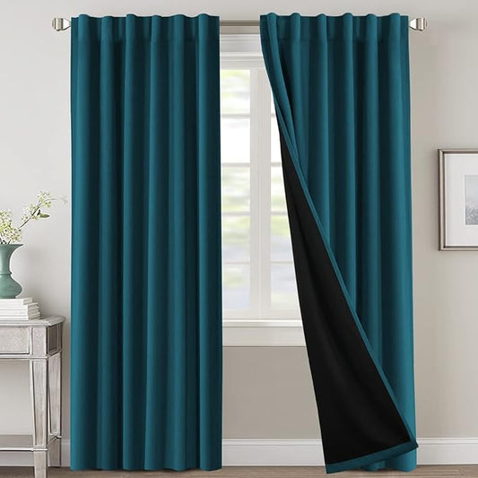 H.VERSAILTEX 100% Blackout Curtains for Bedroom with Black Liner Full Room Darkening Curtains 84 Inches Long Thermal Insulated Back Tab/Rod Pocket Window Drapes for Living Room, 2 Panels, Dark Teal