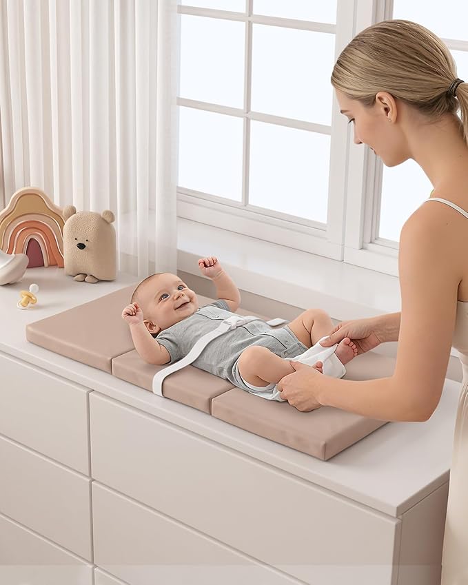 YACODAVO Foldable Baby Changing Pad with Vegan Leather Cover, Standard Side Waterproof & Wipeable Changing Pad for Toddler, Flat Foam Travel Diaper Changing Pad for Dresser and Table, Light Brown