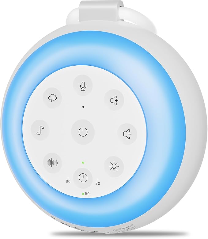 MEGATEK Sleep Sound Machine, 24 Soothing Sounds, 9 Color Dimmable Night Light, Bluetooth & 180s Voice Recording, 2000mAh Rechargeable Battery with Timer & Hook, Easy to Use for Baby & Adults