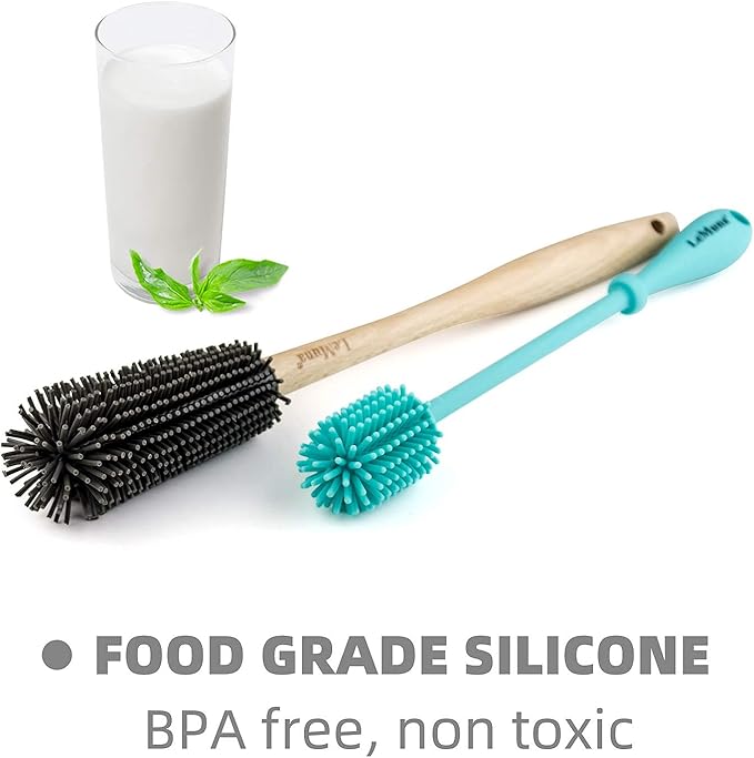LeMuna Silicone Bottle Brush Set with Wooden Handle - Silicone Brush & Straw Cleaner for Hydro Flask, Sports Bottle, Glassware