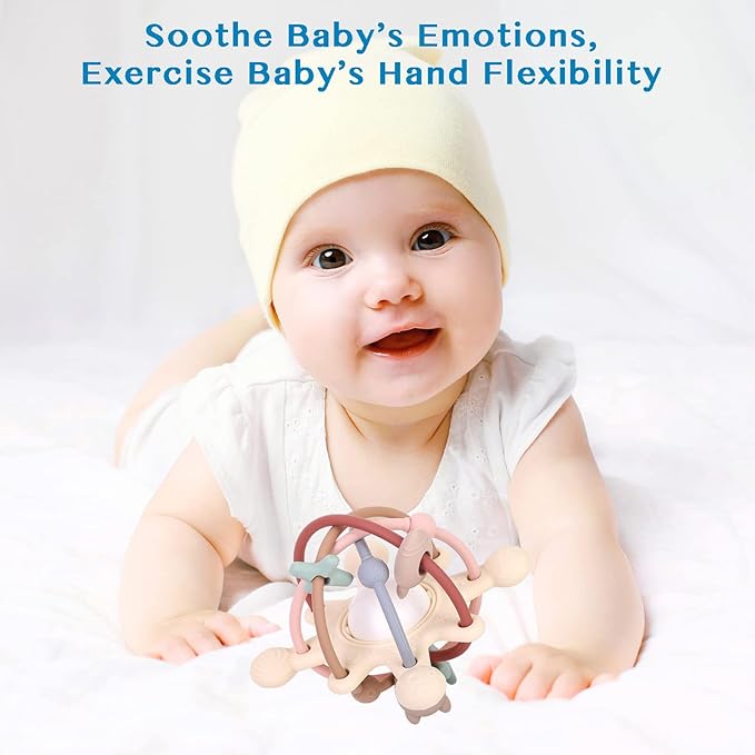 Baby Teether Toy for Babies 3 Months+, Silicone Baby Teething Toys, Rattle Sensory Teether Toy for Sore Gums, Baby Chew Toys for Sucking Needs, BPA Free, Navajo White