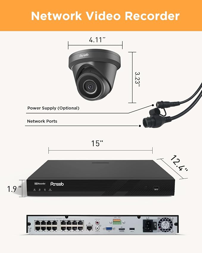 4K 16 Channel Security Camera System – 16x 5MP Wired IP Turret Dome Cameras with AI Human Detection, Built-in Mic, Remote Access, 4TB HDD NVR, 24/7 Recording, PD93A31616-5M-1