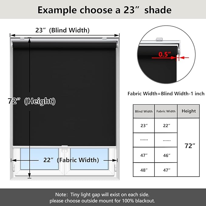 Cordless Roller Shades Blackout Blinds for Windows Room Darkening Rolled Up Shades with Spring System, UV Protection Window Shades Door Blinds for Home and Office (71" W x 72" H, Black)