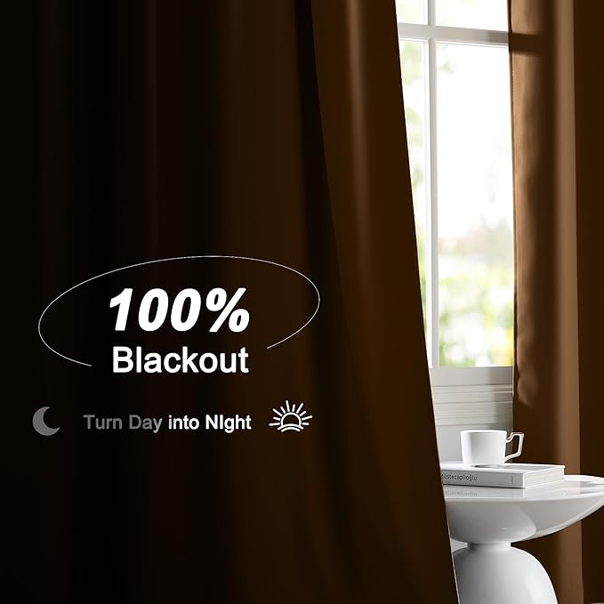 NICETOWN Gold Brown 100% Blackout Curtains for Bedroom, 52x84 Inches Set of 3 for Living Room, Rod Pocket Back Tab & Noise Reducing Drapes Black Lined Insulated Window Treatment Panels